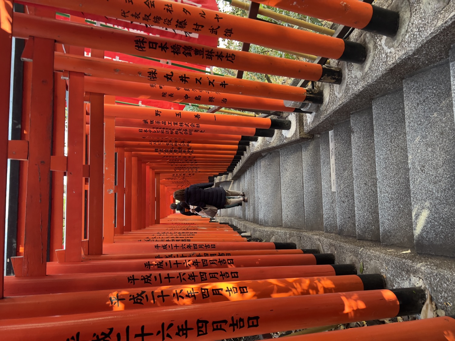 Red torii gates lining stone steps at a shrine, two figures walking ahead.